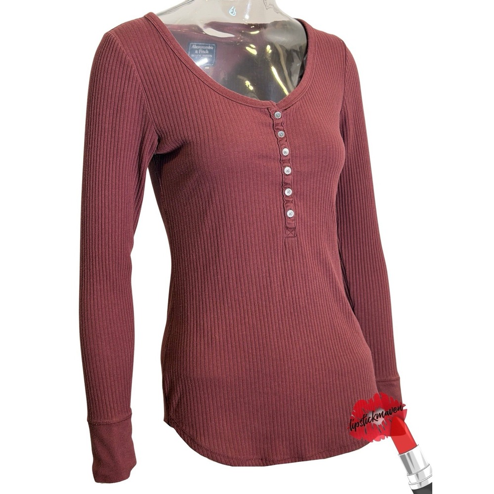 Abercrombie & Fitch Henley Top Womens Medium Burgundy Long Sleeve Ribbed Y2K
